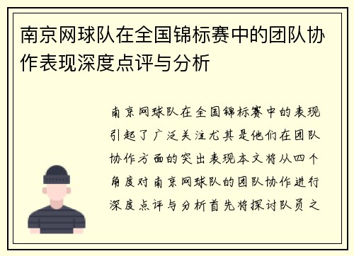 南京网球队在全国锦标赛中的团队协作表现深度点评与分析