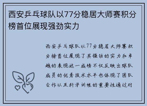 西安乒乓球队以77分稳居大师赛积分榜首位展现强劲实力